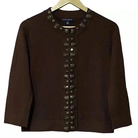 Banana Republic Sweater Women’s Medium Brown Border Embellished Wool Blend - Picture 1 of 6